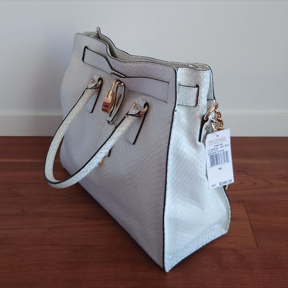Michael Kors White Genuine Leather Snake Print Hamilton Handbag Tote - Picture 5 of 13